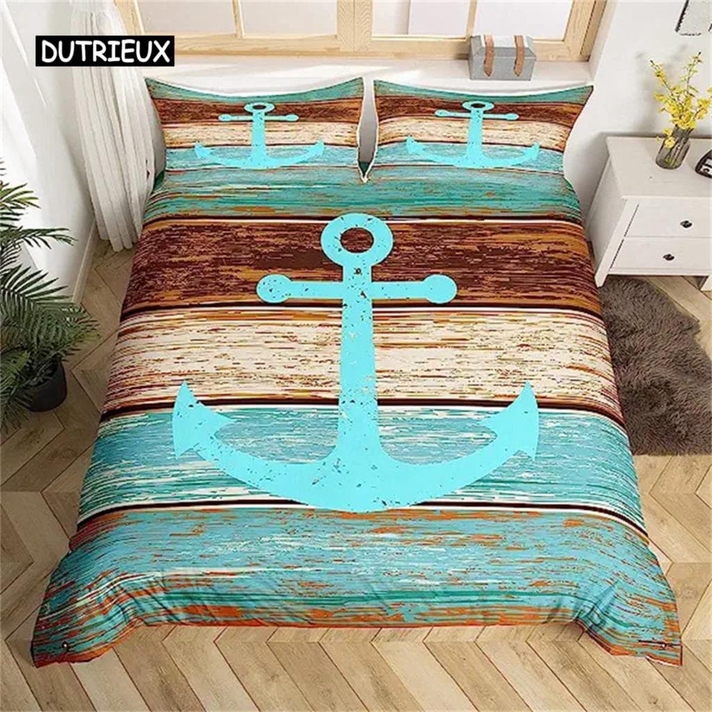 Anchor Duvet Cover Nautical Bedding Set Ship Anchor Chain With Lines Comforter Cover For Children Teen Bedroom Decoration Gifts EU single(135x200cm)
