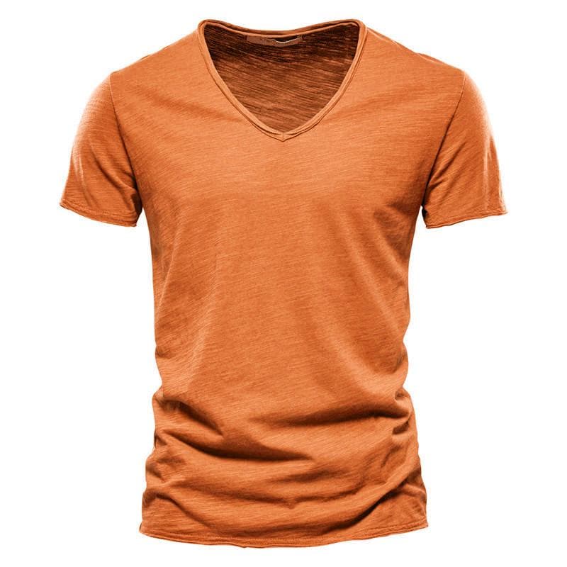 AIOPESON Summer 100% Cotton Elasticity T Shirt Men Casual Soft Fitness Shirt Men T Shirt Tops Tee Shirts V-Neck Short Sleeve Tshirt Men M yellow