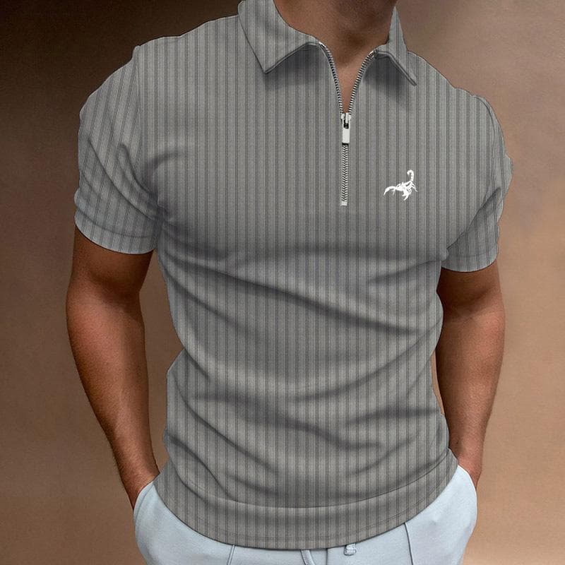 Men Clothes Summer Fashion Short Sleeve Sport Stripe Zipper Polo Shirt . L grey