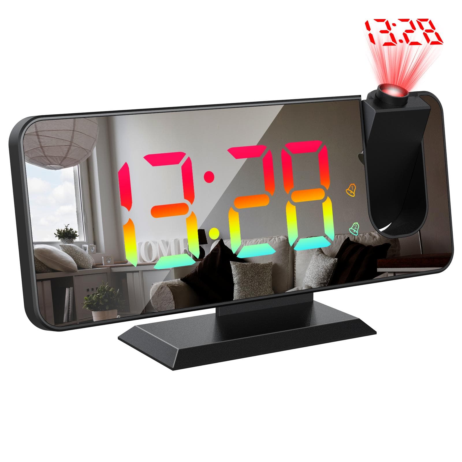 Digital 180 degrees Projection Alarm Clock with Dynamic RGB Light Brightness Adjustable Snooze Dual Alarm black