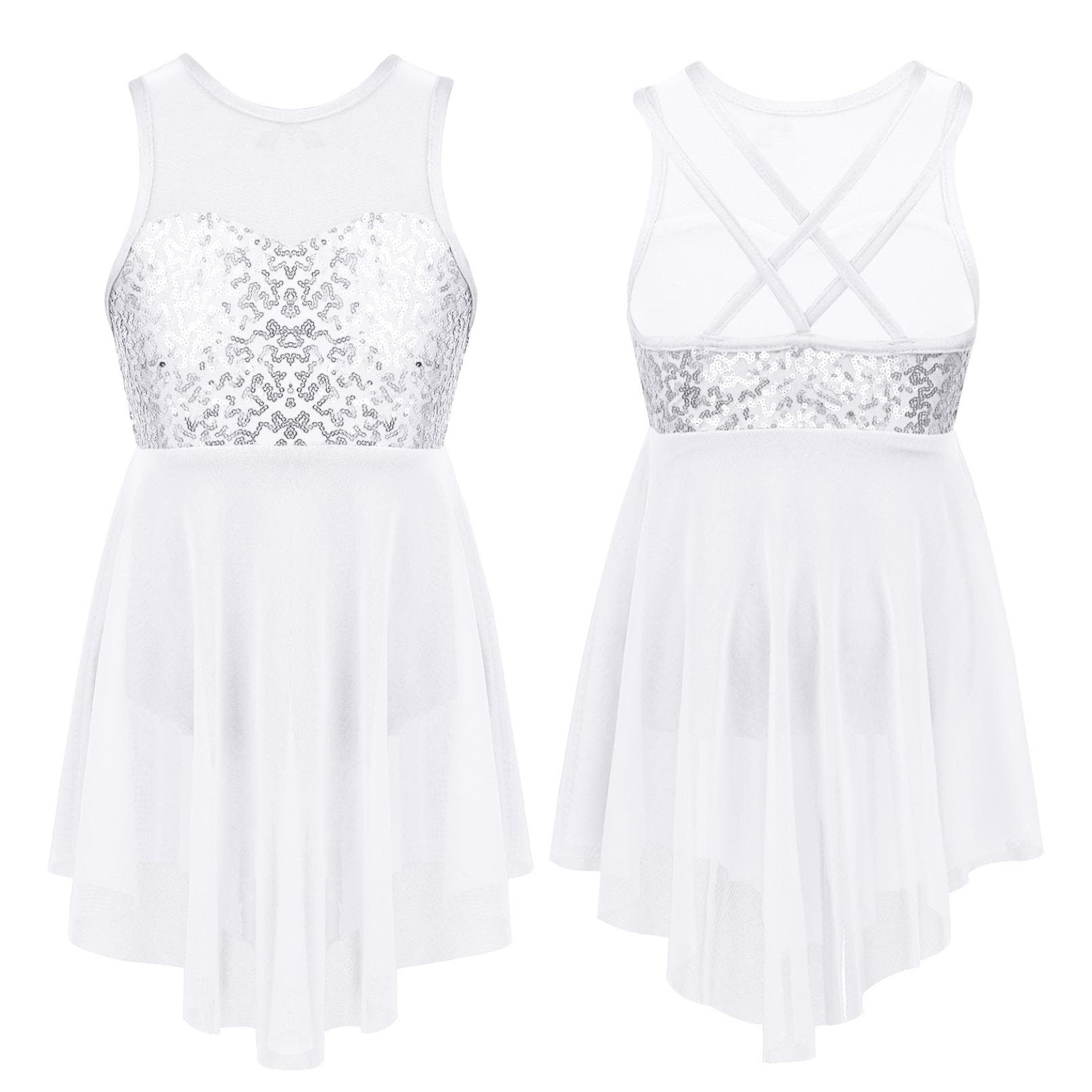 Kids Girls Modern Lyrical Dance Costumes Sleeveless Sequins Criss-Cross Back Ballet Irregular Leotard Dress 13-14 Years white