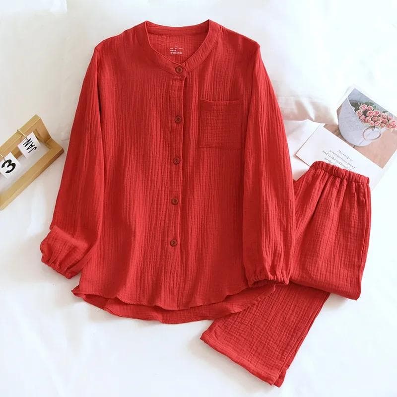 New Spring and Autumn Couple Pajama Set 100%Cotton Crepe Fabric Men's and Women's Long Sleeve Pants Home Suit Two Piece Set XL