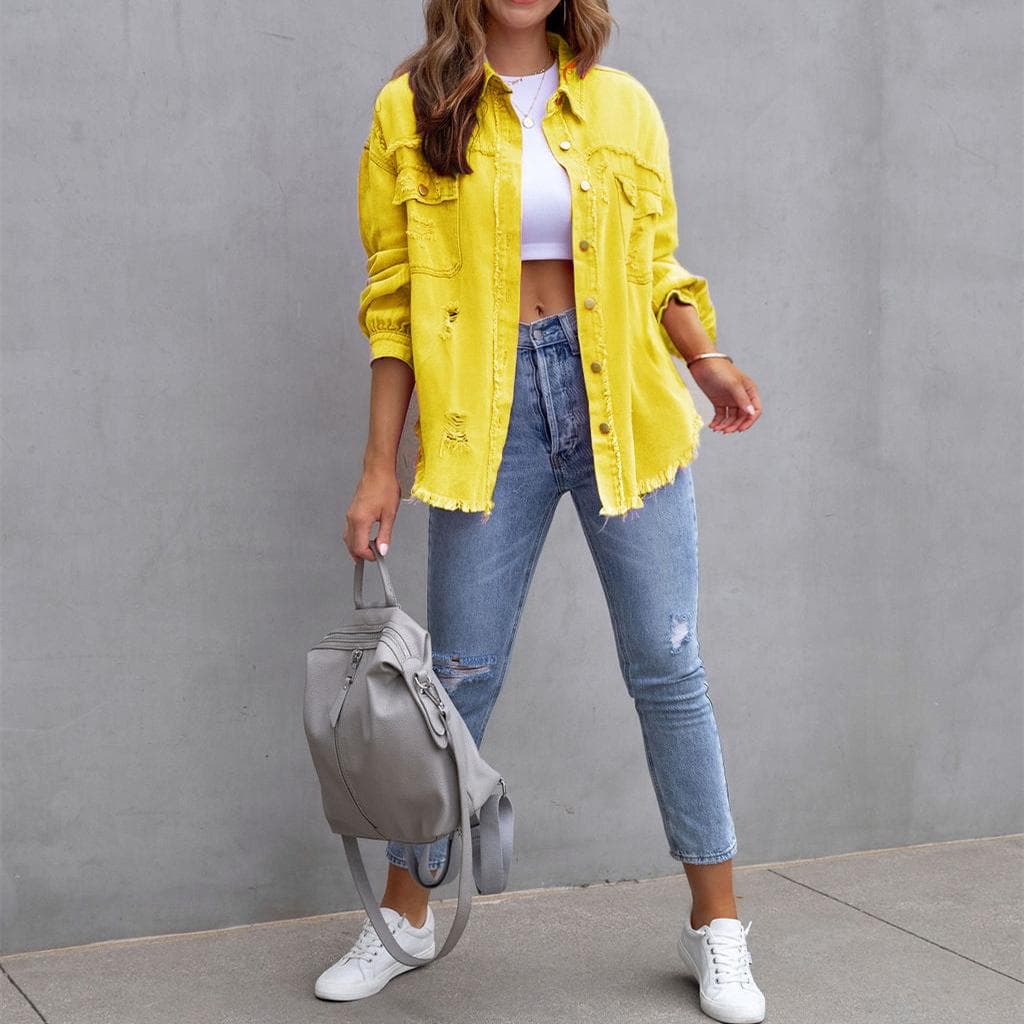 Women's Fashion Ripped Denim Women's Autumn and Winter Long-sleeved Casual Lapel Top Jacket XXL