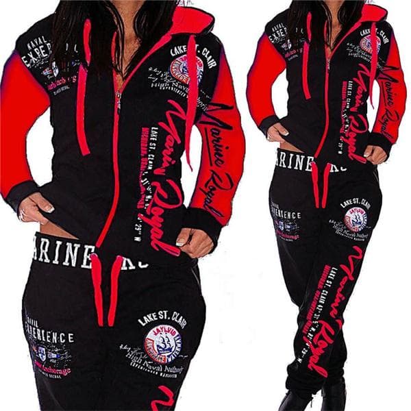 Fashion Women Clothing Women Hooded Tracksuit Printing Fashion Sets Sportswear Athletic Sets L black/red