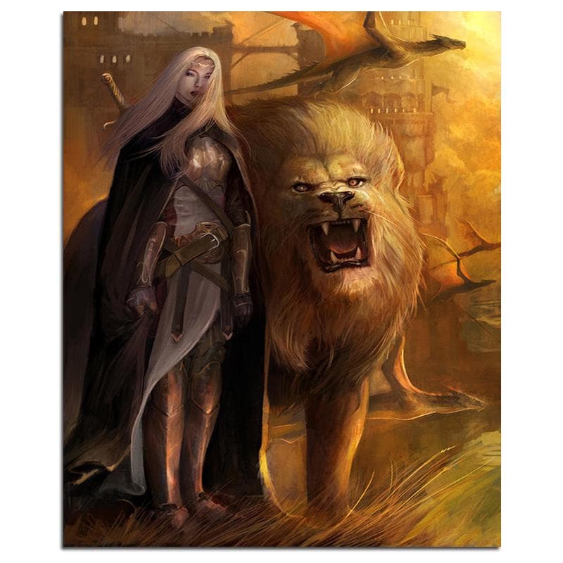 The Lion King and Swordsman 5D DIY Diamond Painting Fantasy Full Round Diamond Embroidery 20X30CM
