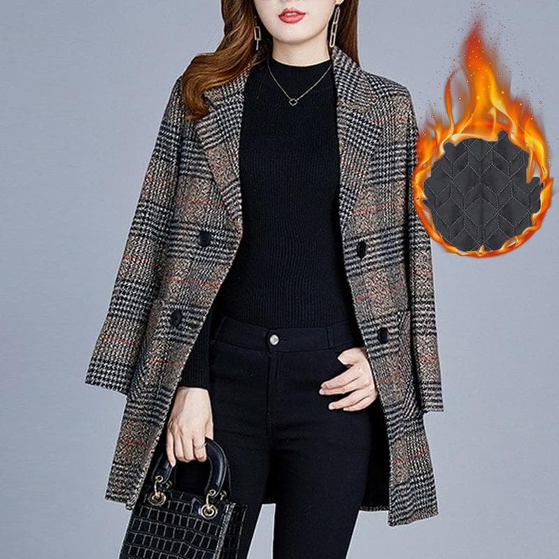 HI-FASHION Suit Plaid Woolen Jacket Autumn Winter Thicken Slim Long-sleeved Outwear Plus size 5xl Women's All-match Coat XXXL grullo