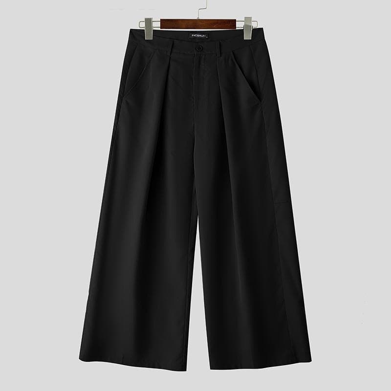 INCERUN Men Zip-up High Waist Solid Color Pockets Casual Loose Long Trousers XL black