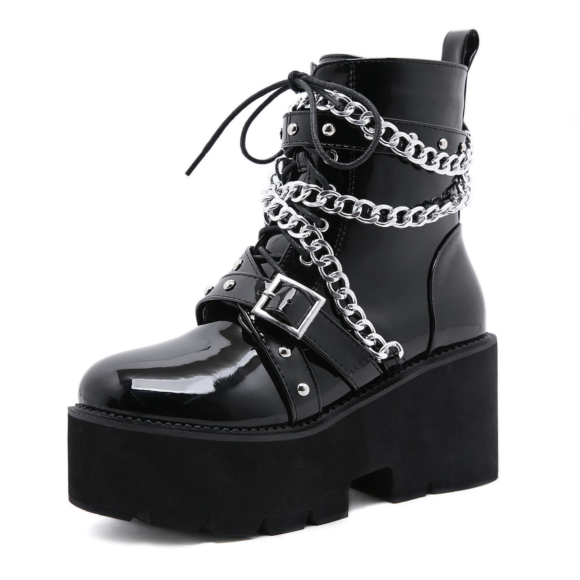 Chunky Heel Knight Boots Women's New Platform Punk Style Comfortable Chain Decoration Thick Sole Mid Length Women's Boots 2024 39 black