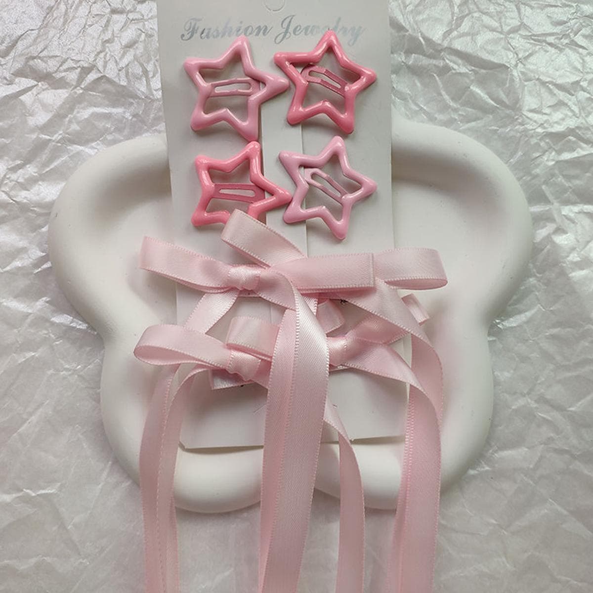 6-Piece Set Of Women's Hair Accessories, Starry And Bow Set, Ballet Style Bow Ribbon Ribbon Hair Cip, Double Ponytail Ribbon pink