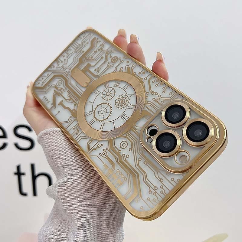 Applicable To IPhone15MAX Electroplating Mechanical Pattern Magnetic Suction Mobile Phone Case Apple 14PRO Comes with Lens Film Protection Case iPhone 15Plus