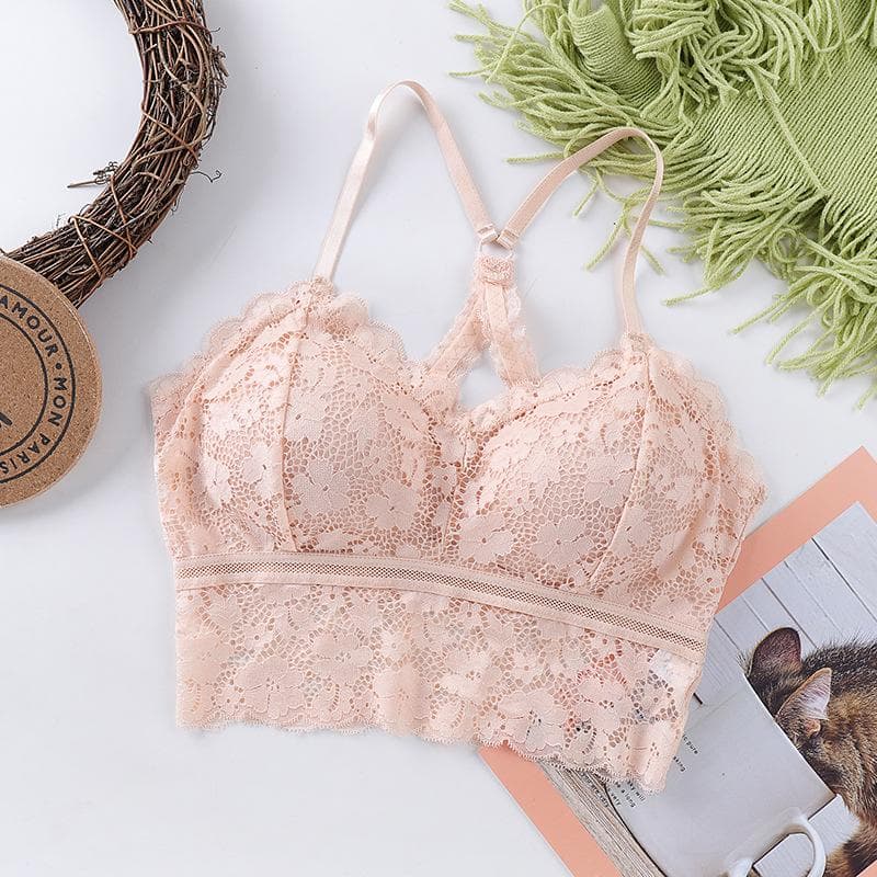 Women Crop Tops Lace Print Camisole Sexy Hollow Beauty Back Bra Removable Chest Pad Bralette Tank Top L nude