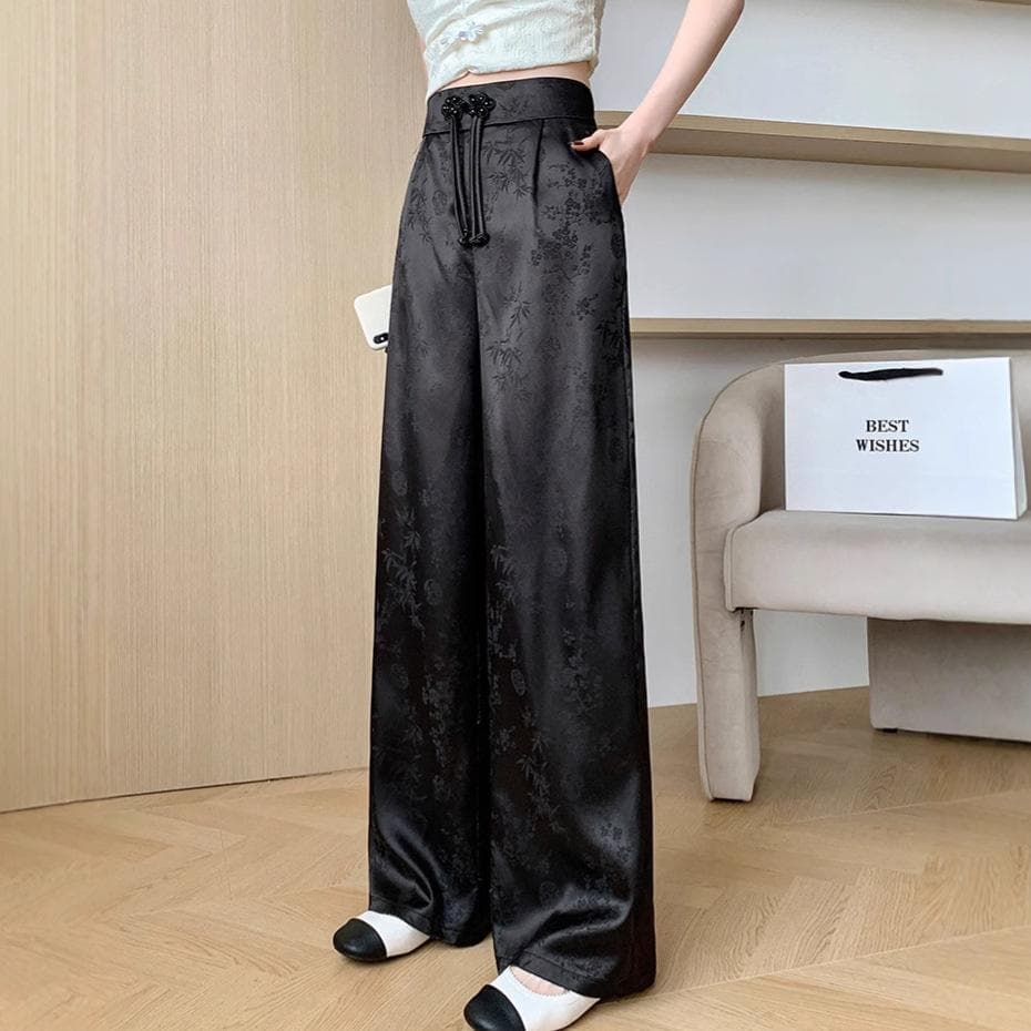 Jacquard Wide Leg Pants Women's Winter Retro Button Design High Waist Casual Pants 2XL