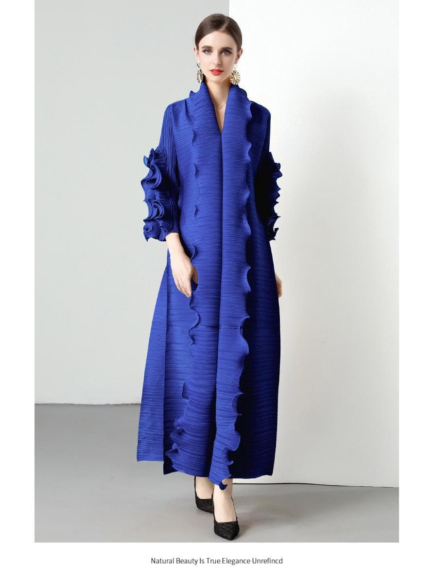 Miyake 2025 Spring Women's Ruffled Long-Sleeve High-Elastic Dress - Large Size, Early Autumn One Size blue