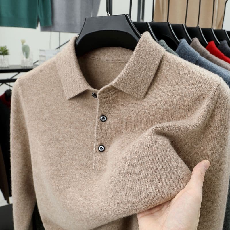 Smart Casual Autumn Winter Sweater Men Solid Lapel Button Simplicity Fashion Luxury Long Sleeve Pullovers Knitted Tops XXXL camel
