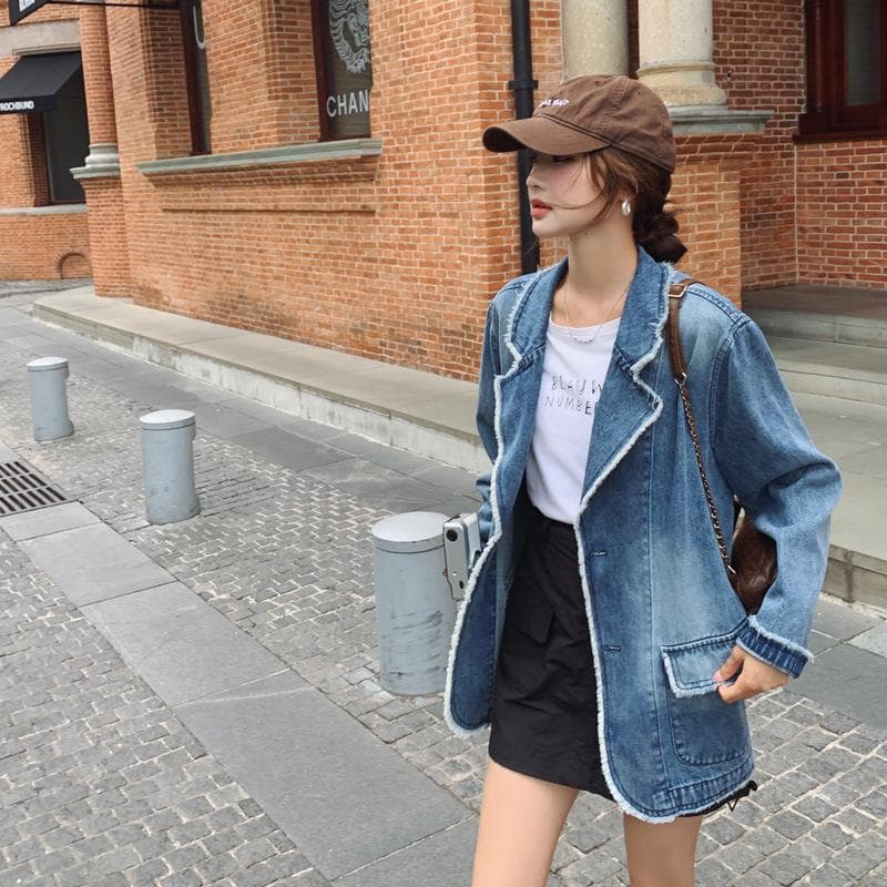 Spring and Autumn New American Retro Washed Denim Jacket Women's Korean Style Loose Casual Suit Collar Long Sleeve Top XL