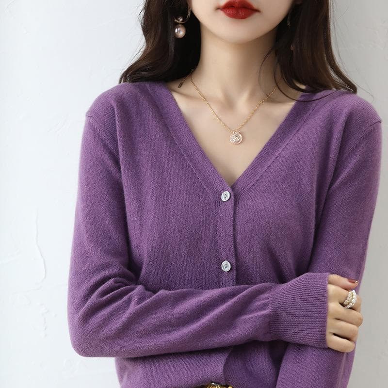 Spring and Autumn Women's Cardigan Jacket V-neck Knitted Cardigan Short Loose Peplum Sweater Thread Sweater XL purple