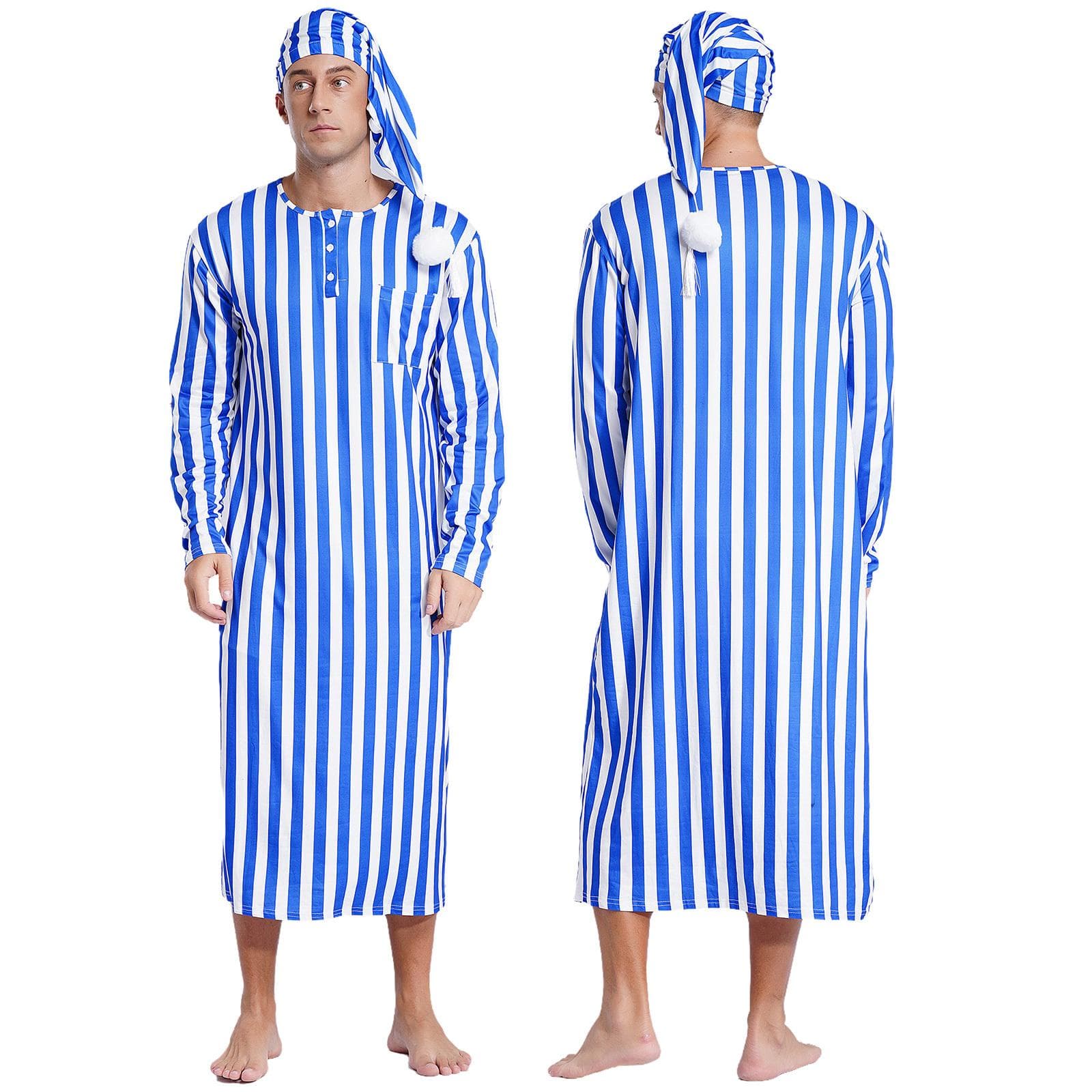 Men's Soft Loose Sleepwear Striped Long Sleeve Nightshirt with Sleeping Cap Pajama Set M royal blue