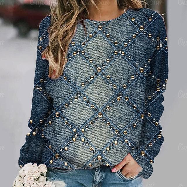 Vintage Women's T-Shirt Autumn O Neck Sweater T Shirt for Women 3D Plaid Printed Clothes Imitation Cotton Long Sleeve Pullover 6XL