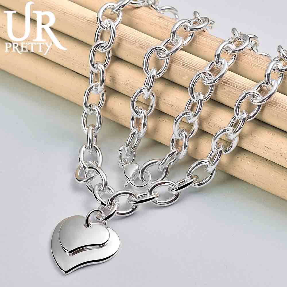 925 Sterling Silver Double Heart Pendant Necklace Fashion Wedding Jewelry 45CM