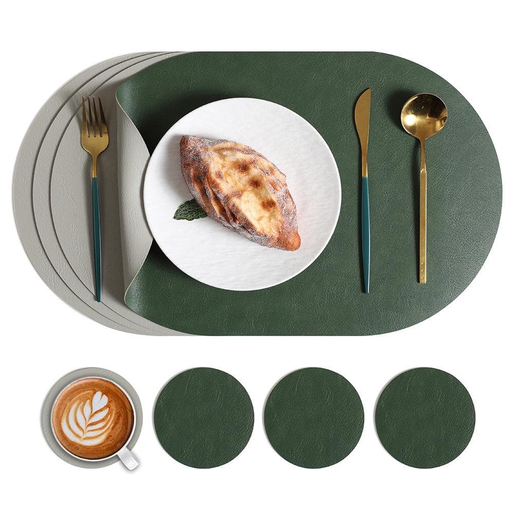 Nordic Style Double-Sided Cowhide Leather Placemat - Waterproof & Oil-Proof Oval Insulation Mat Green with Grey