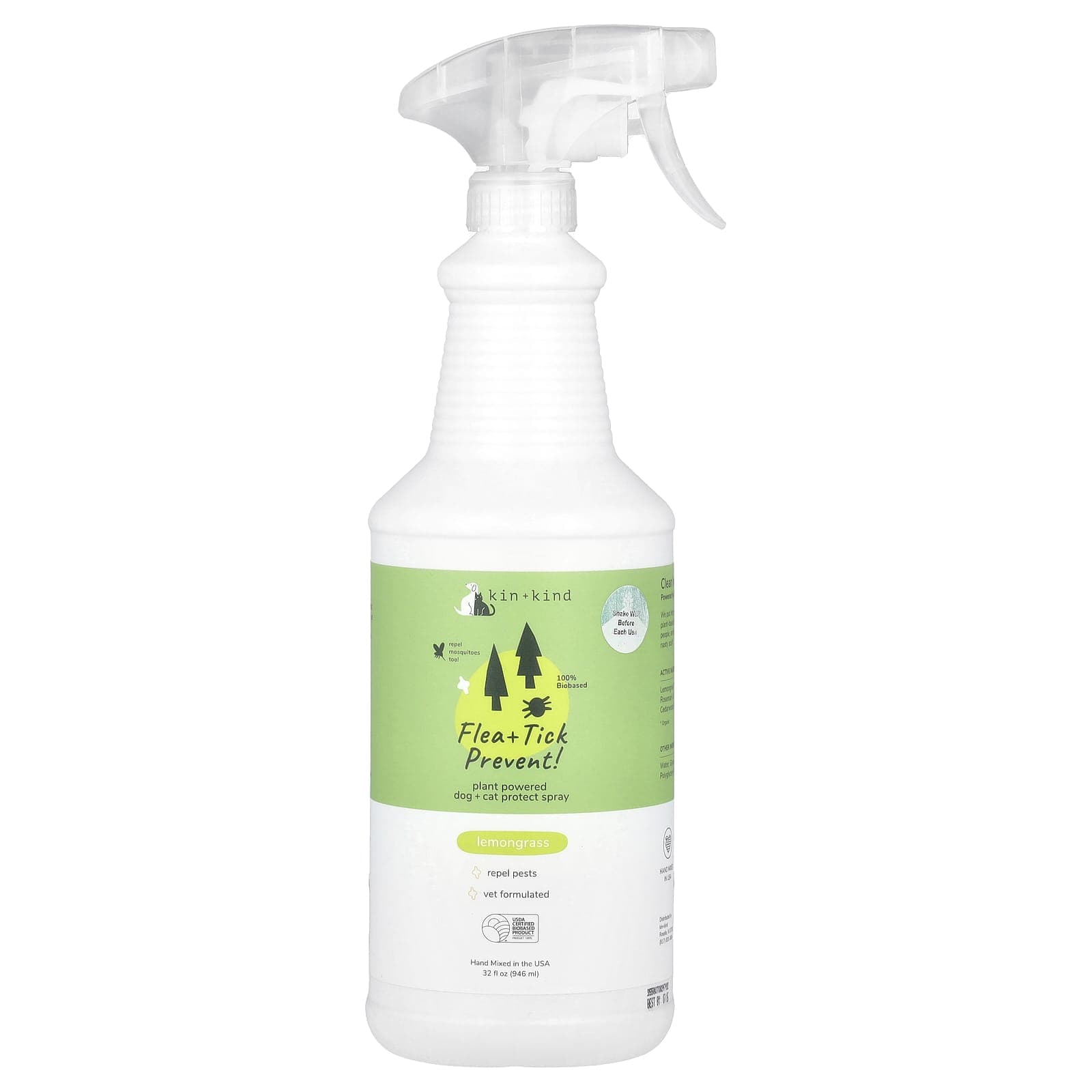 Kin+Kind, Flea + Tick Prevention!, Plant-Based Dog + Cat Protection Spray, Lemongrass, 946 ml (32 fl oz)