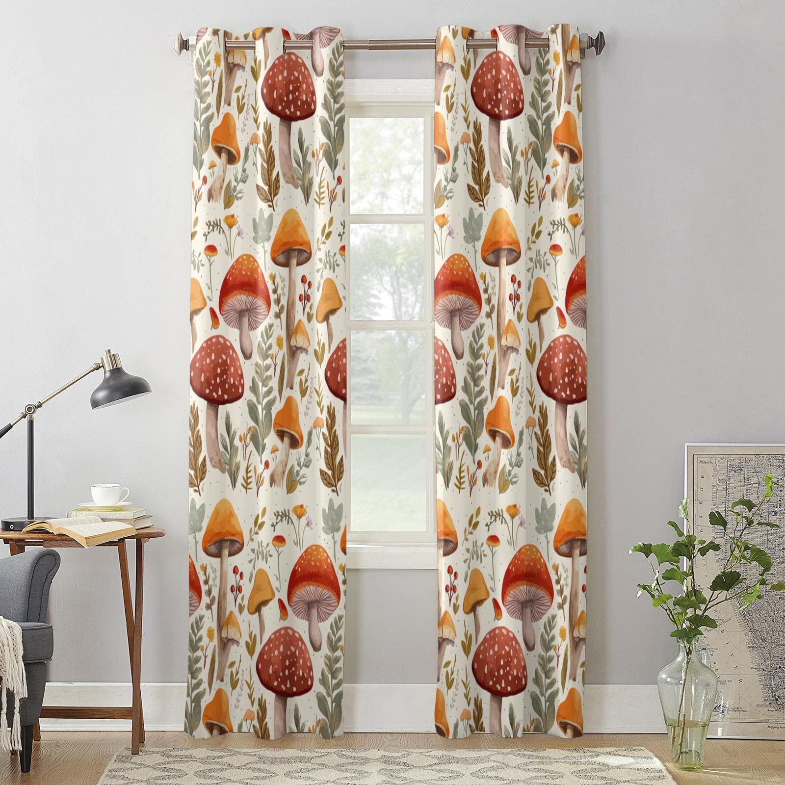 Autumn Mushrooms Plants Leaves Retro Curtains for Bedroom Living Room Window Curtain Treatments Blinds Kitchen Home Decor Drapes 135W x 60H(cm) x1