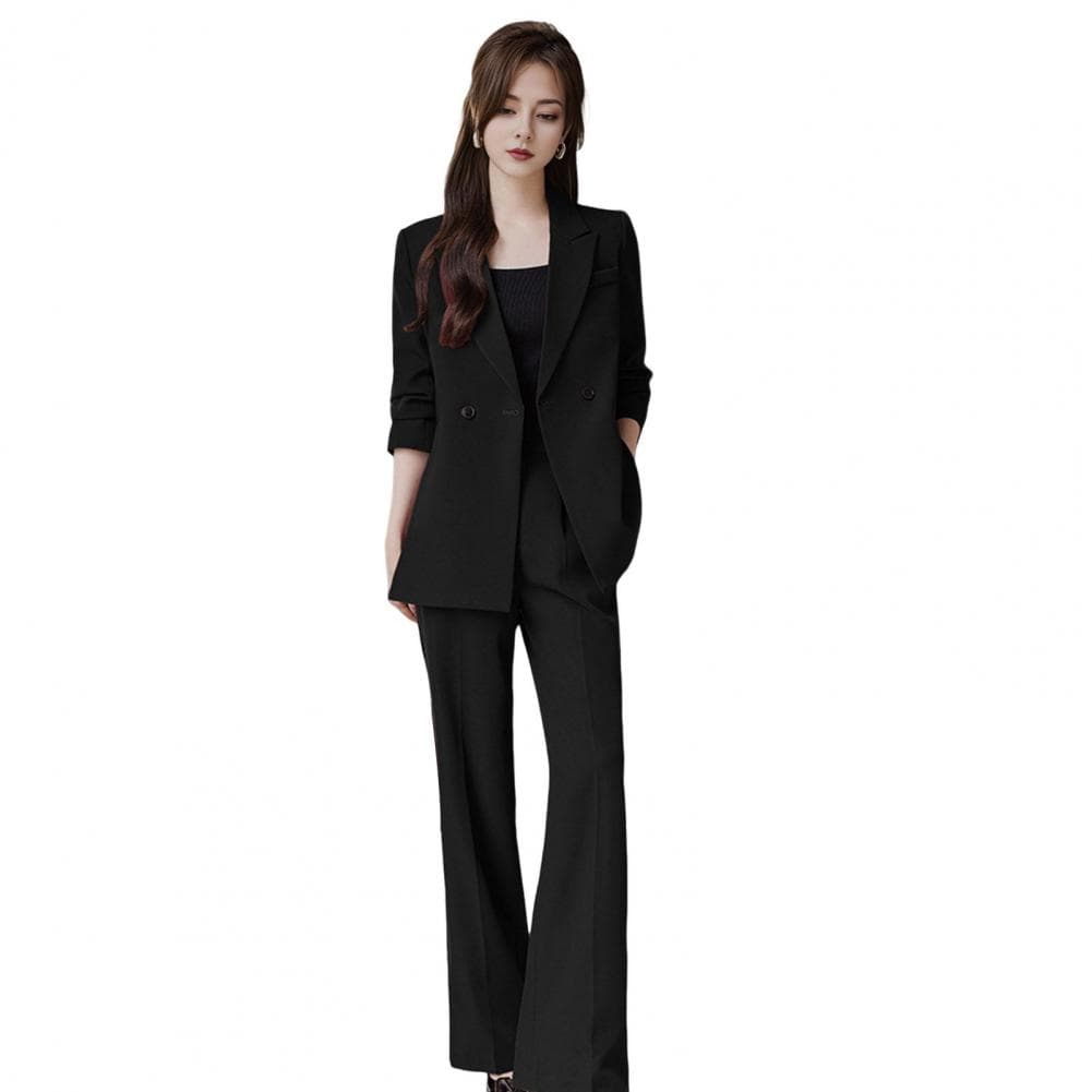Business Two-piece Suit Elegant Women's Formal Suit Set with Turn-down Collar Jacket Pure Color Trousers Stylish for Commuting XXXL black