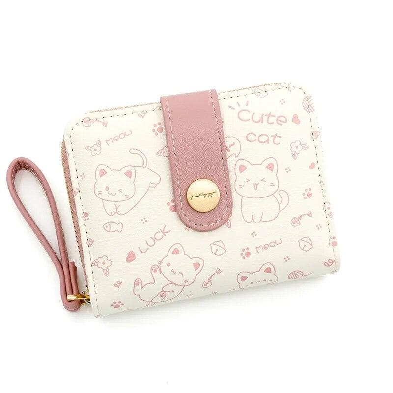 Japanese Cute Cat Girls Wallet Short Student Id/Bank Card Holder Money Bag Zipper Wallets For Women Key Storage Purse One Size pink