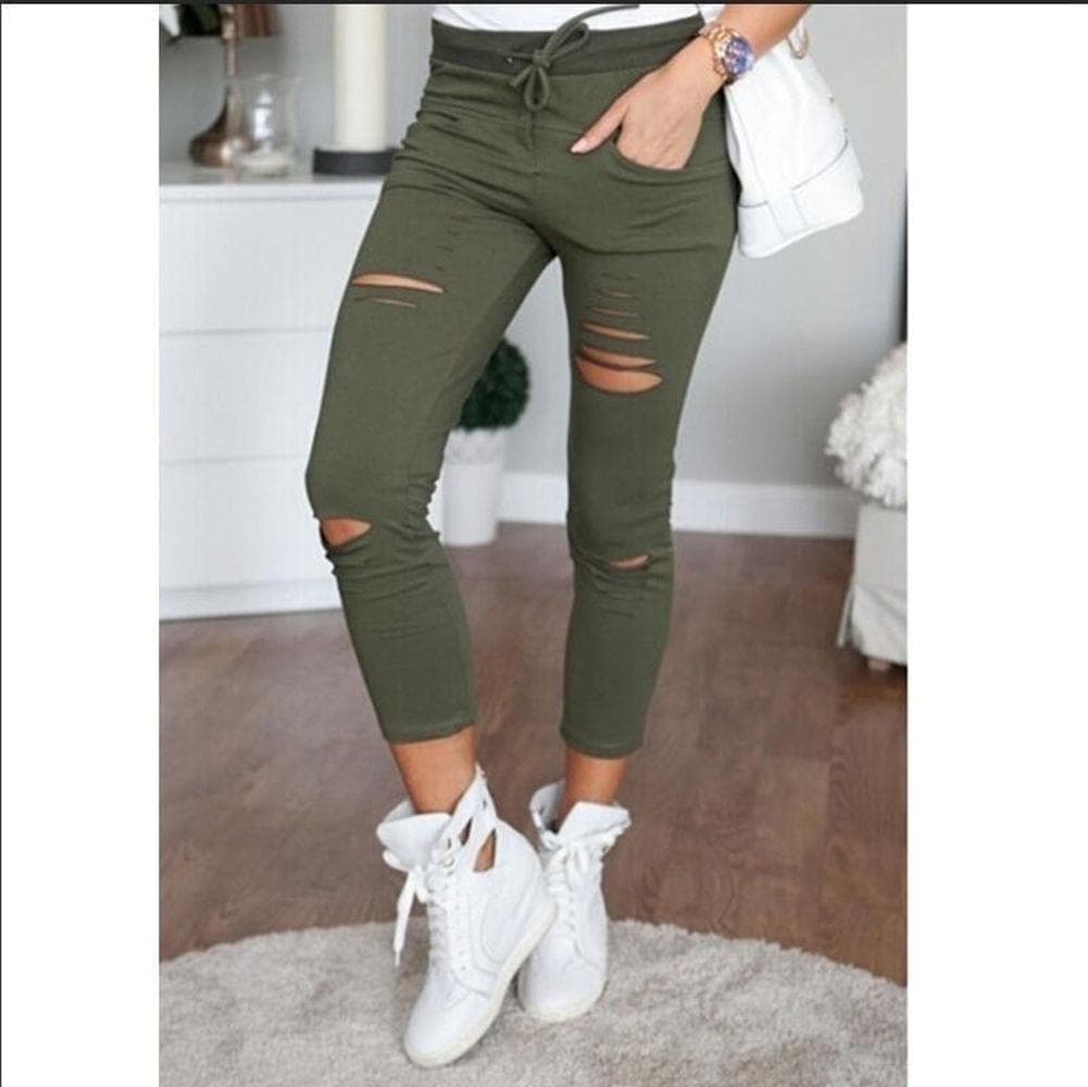 Sexy Women's High Waisted Denim Stretch Jeans Destroy Skinny Ripped Distressed Pants Trousers 4XL green