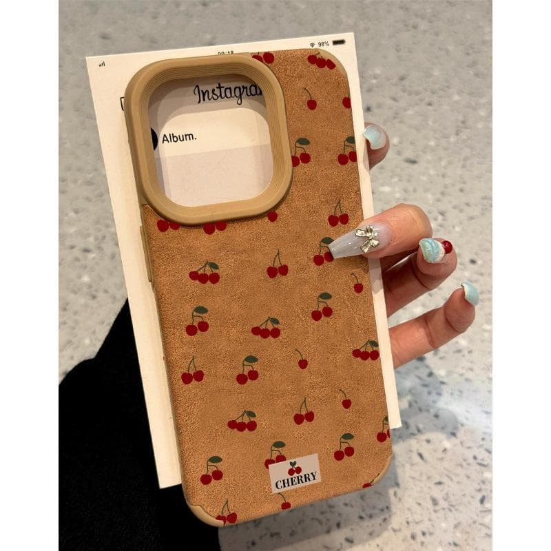 Full Screen Cherry Suitable for Apple 15promax Mobile Phone Case IPhone 14 Brown 16pro Cartoon 13 Leather Pattern Apple XS