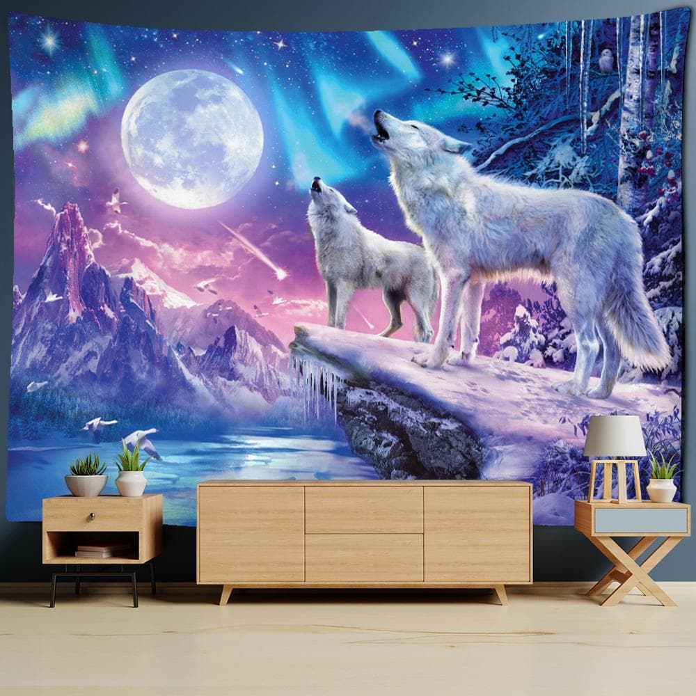 Arctic Wolf Tapestry Wall Hanging Sun And Moon Psychedelic Animal Witchcraft Bohemian Home Dormitory Background Coth Decor 400x220cm
