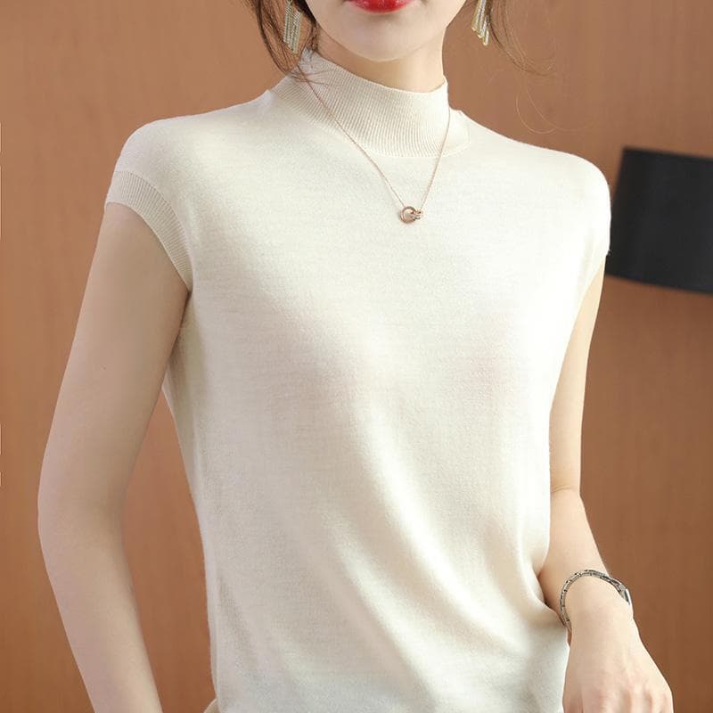 Thin Camisole Vest Women's Summer Half High Neck Short Sleeved T-shirt Women's Knitted Loose Temperament Sleeveless Top Women's Base Shirt M