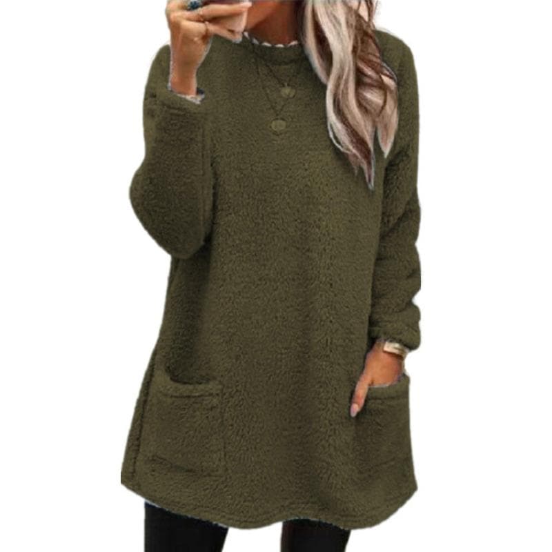 European and American New Women's Clothing, Long-sleeved Pockets Plush Sweater T-shirt Top 3XL