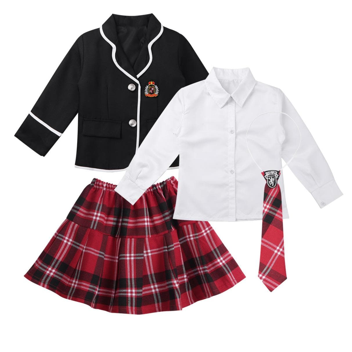 Kids Girls British School Uniform Long Sleeve Wide Lapel Coat with Shirt Tie Mini Skirt Set 8-10 Years black