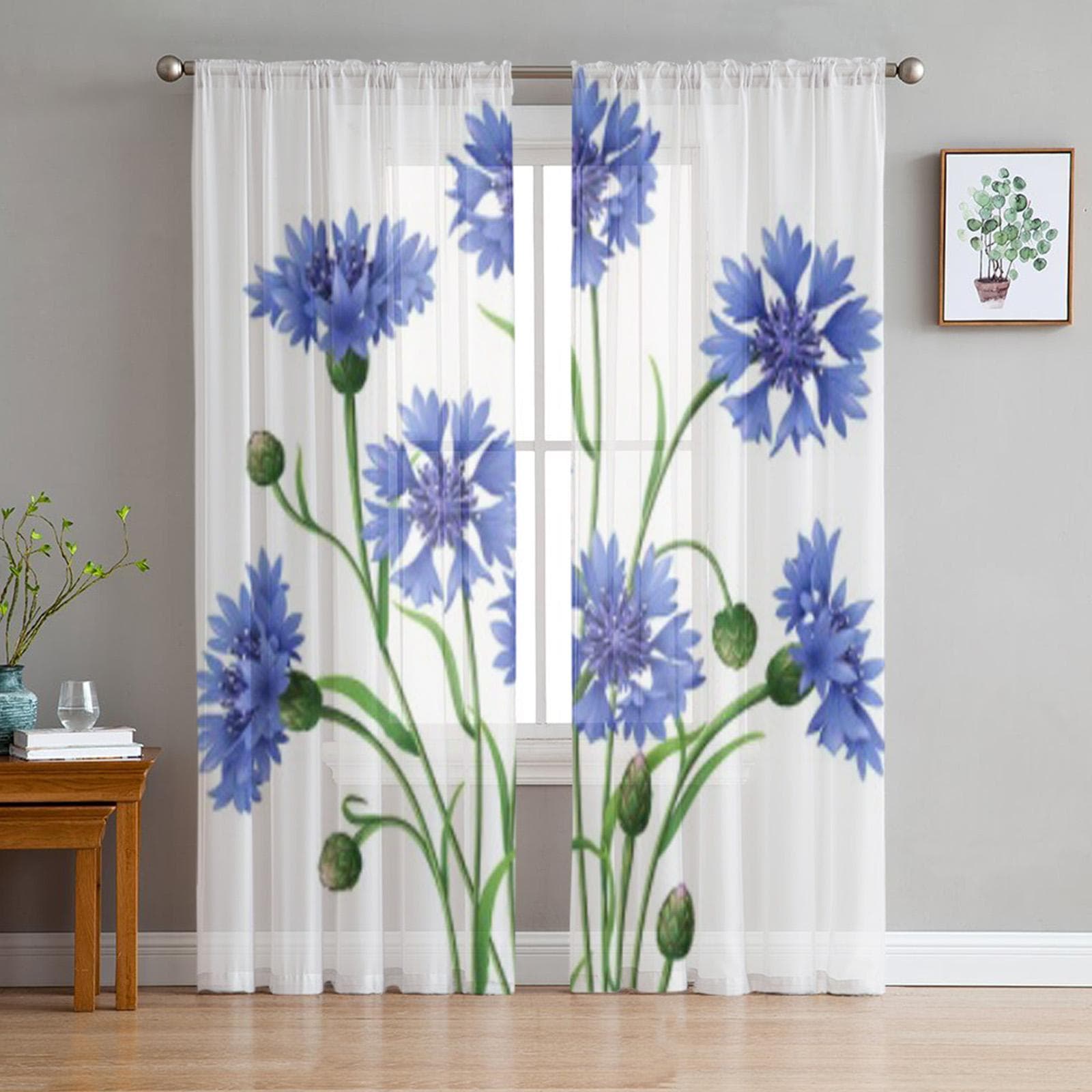 Blue Cornflowers Isolated On White Tulle Sheer Curtains for Living Room Bedroom Kitchen Decoration Voile Organza Curtains 135W x 114H(cm)