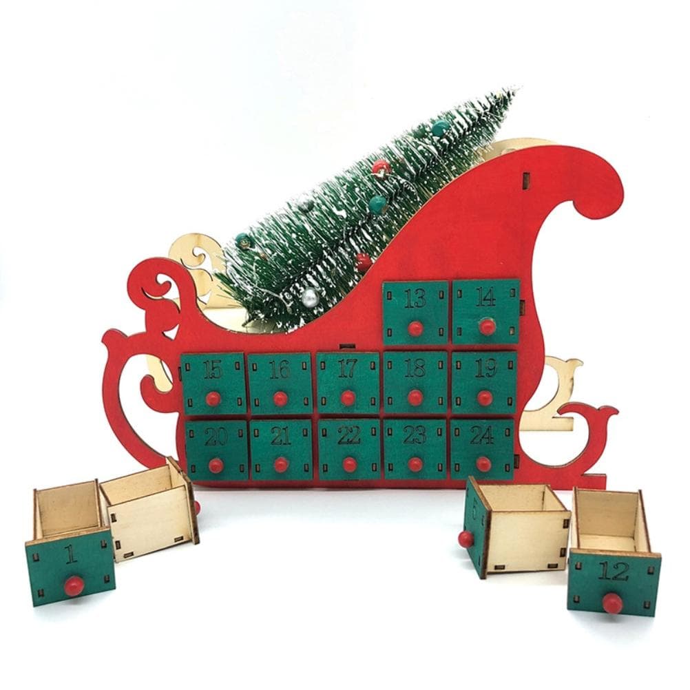Christmas Sleigh Tree Wooden Advent Calendar Countdown 24 Drawers with LED Light Xmas Party Decor