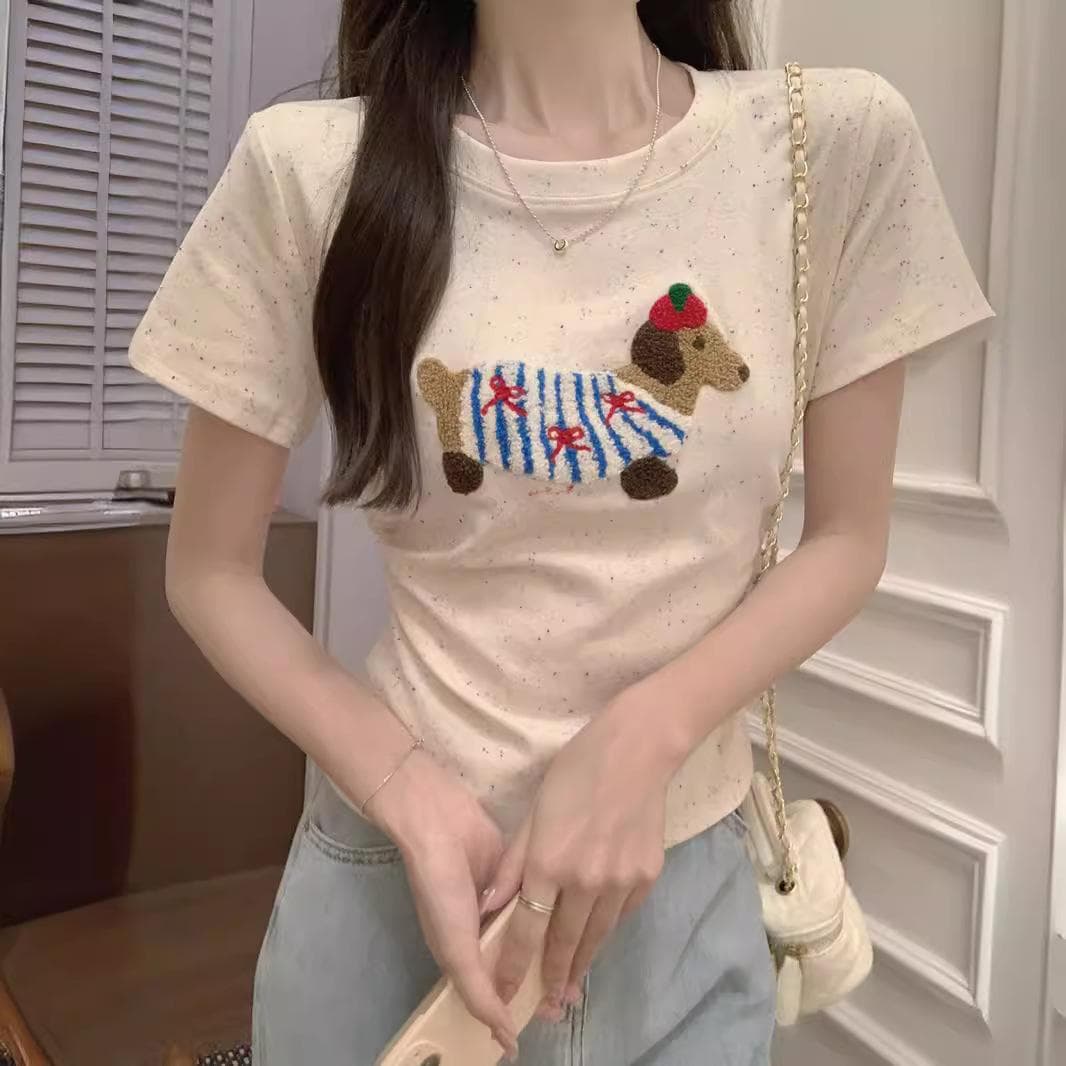 Three-dimensional Flocking Embroidered Dog Short-sleeved T-shirt for Women In Summer High-end Rainbow Polka Dots Shoulder T-shirt Short Top 2XL