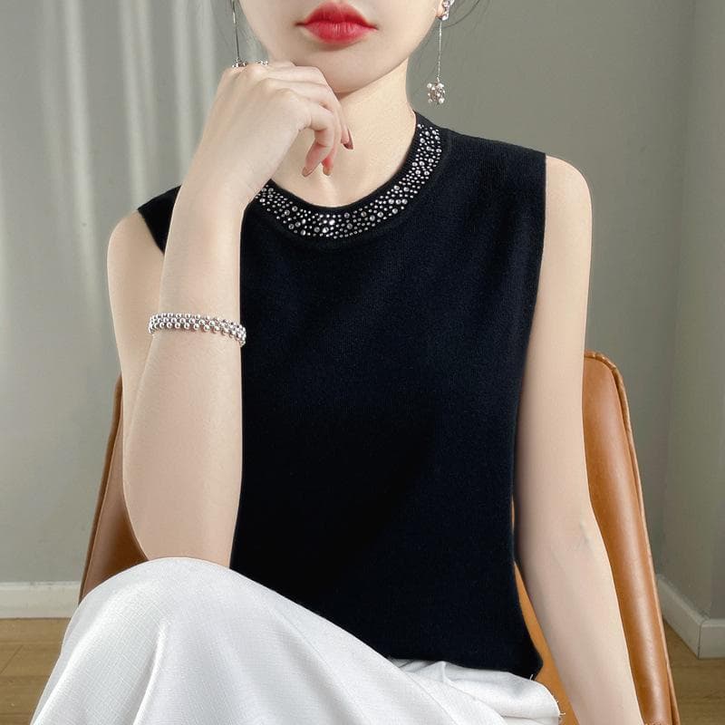 Fashion Casual Wool Vest for Women's Spring and Summer Sleeveless Top with Suspender, Round Neck, Diamond Studded, and Bottom Knit Sweater XXL black