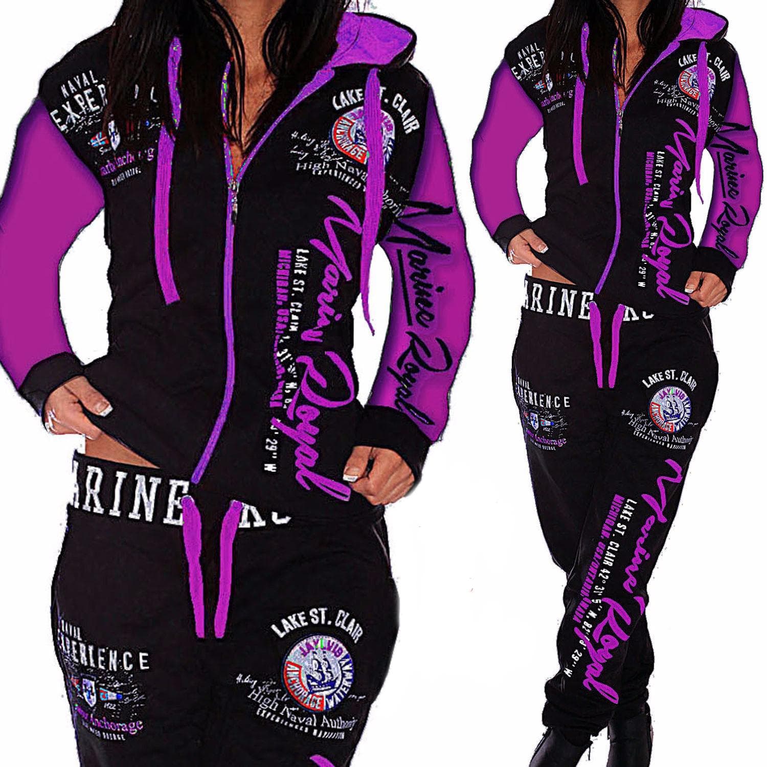 Fashion Women Clothing Women Hooded Tracksuit Printing Fashion Sets Sportswear Athletic Sets M purple