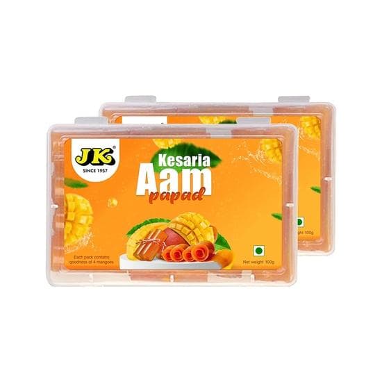 JK AAM PAPAD Box 100g*2 (Pack of 2)| Kesaria aam papad roll | Healthy Fruit Snacks Aamras Papad Slice, Aam Papad Khatta Mitha, Real Pulp Mango Papad
