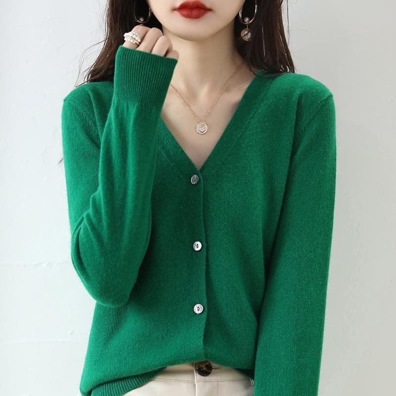 Spring and Autumn Women's Cardigan Jacket V-neck Knitted Cardigan Short Loose Peplum Sweater Thread Sweater M green