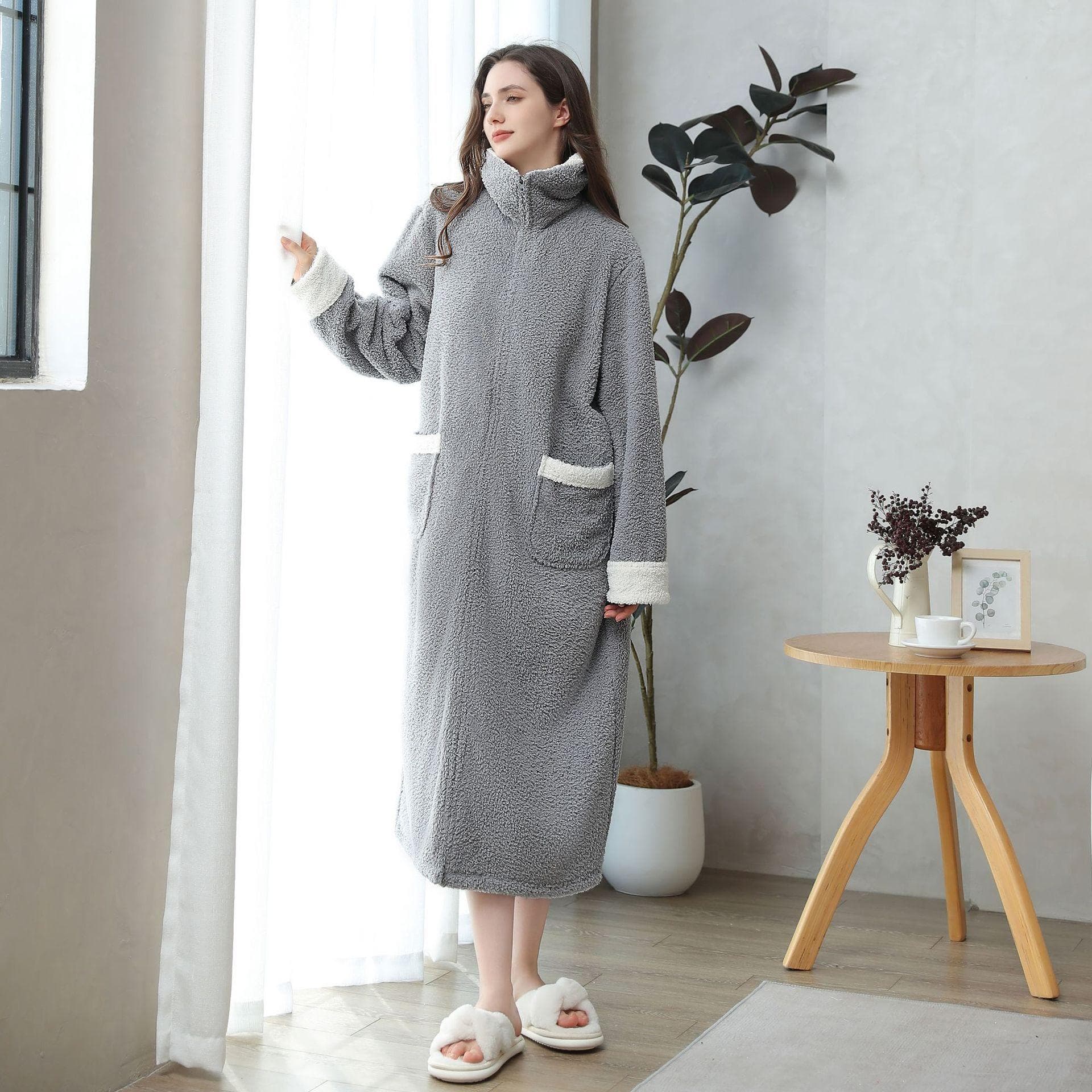 Fluff Coral Fleece Bathrobe Women Man Kimono Winter Warm Casual Flannel Robe Sleepwear Bath Robe Lounge Home Clothes M grey