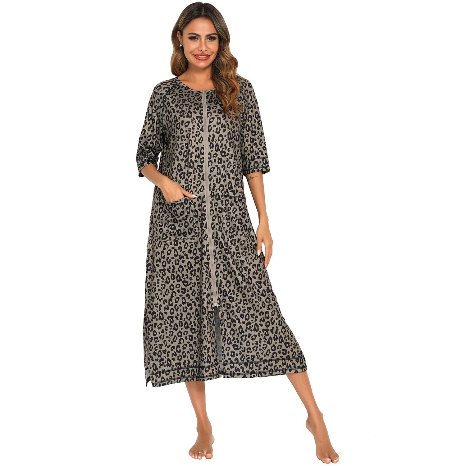 Bright Deer Women Zipper Maternity Robe 3/4 Sleeve Long Hospital Birthing Labor and Delivery Gown Nursing Nightgowns House Bathrobe Lounger Sleepwear M leopard