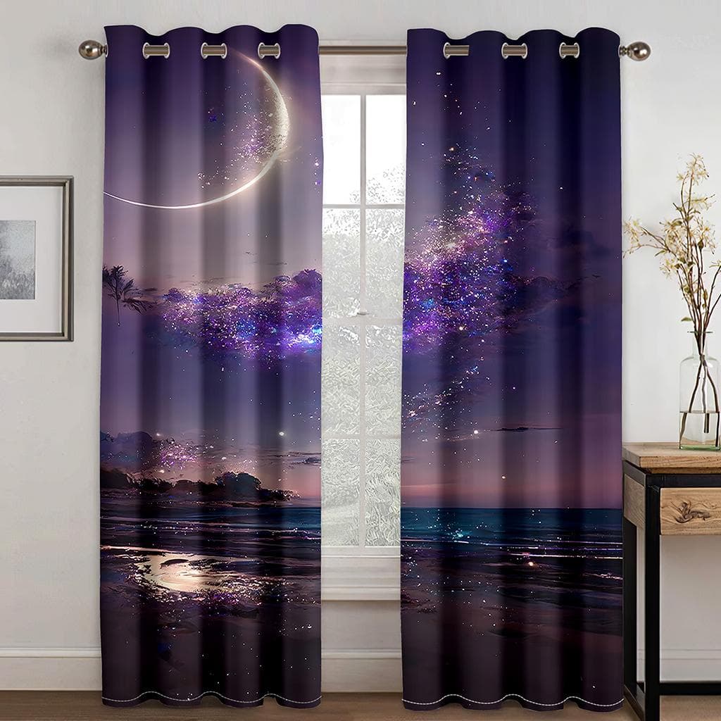 Night Stars Moon Aurora Scenery Curtains Luxury Living Room Bedroom Home Decor Curtains Bohemian Style 2 Panels 100W130H(CM)40x51in&Grommet Top