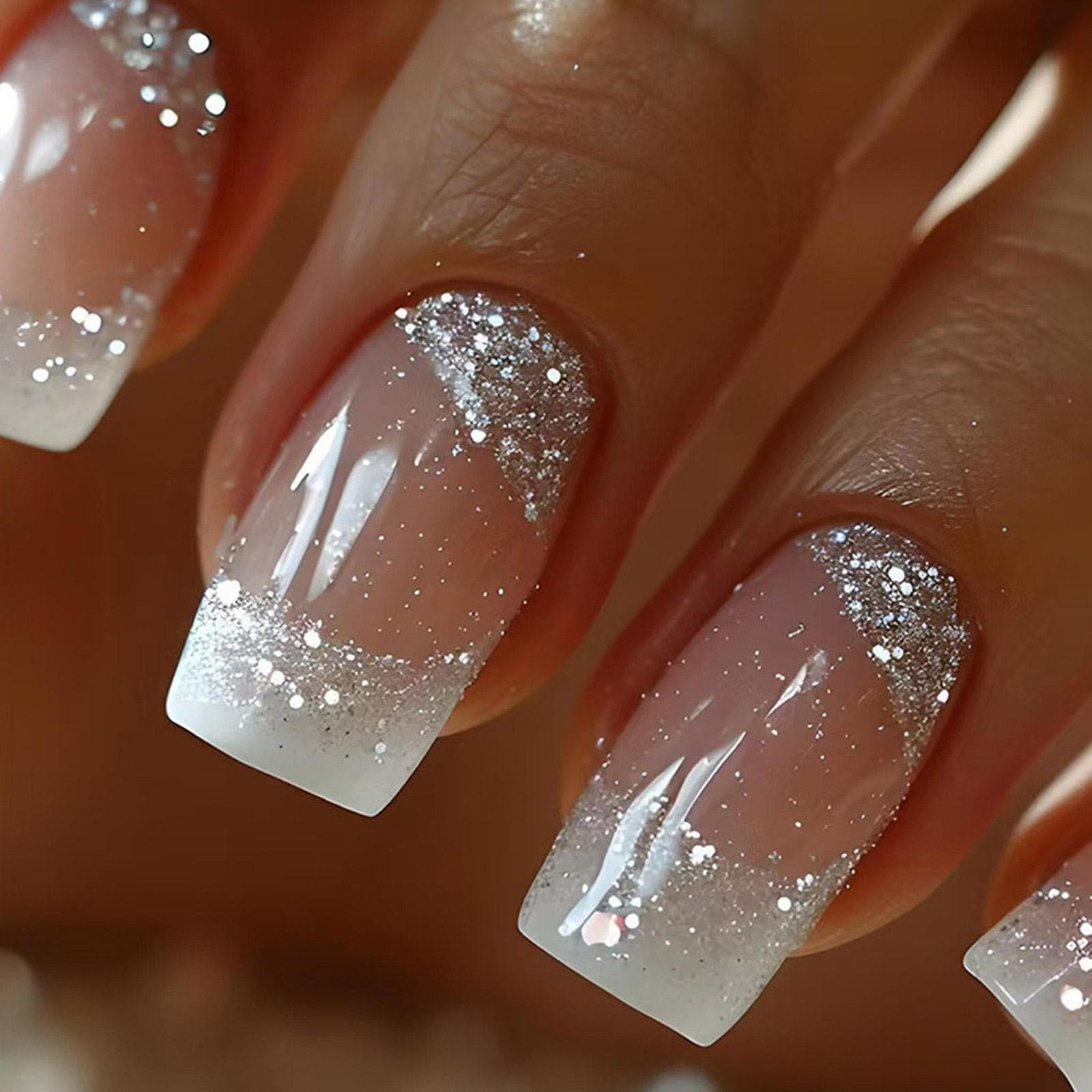 24 Pcs Medium Square False Nail French Tip Acrylic Nail Full Cover Stick on Nail Sparkling Press On Nail for Women