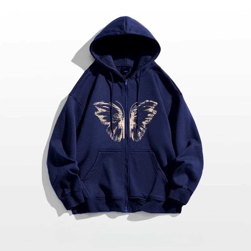 Navy Blue Butterfly Cardigan Hooded Sweatshirt for Women In Autumn and Winter New Loose Lazy Style Design Jacket for Women M
