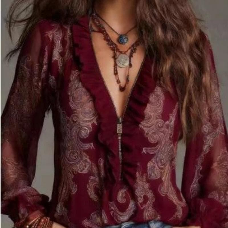 Women 's Sexy Blouse Tops Ruffled Zipper V-neck Sheer Long Sleeve Paisley Print Shirt Elegant Chiffon Boho Styles Chic Tops S red