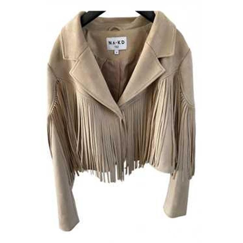 Short Long Sleeve Suede Leather Jacket Fringed Punk Jacket for Women 3XL beige