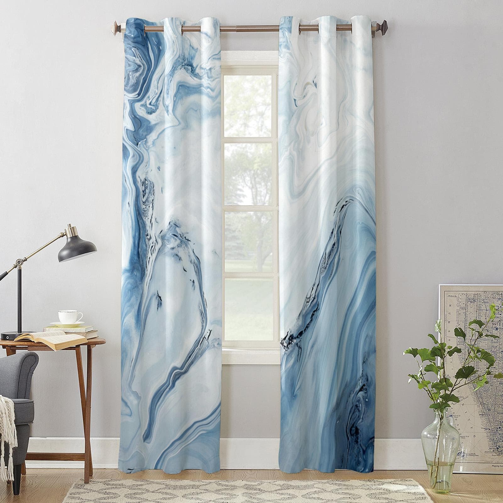 Marble Fluid Texture Blue Window Curtains for Living Room Home Bedroom Kitchen Decora Christmas Curtain 135W x 60H(cm) x1