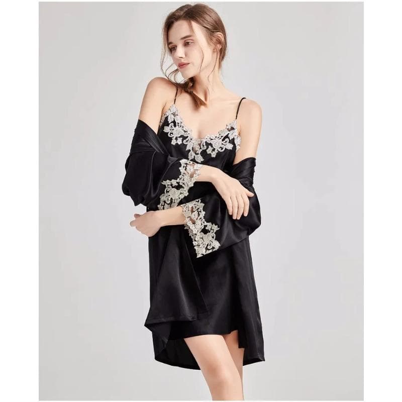2pcs Woman Sexy Pajamas Sleepwear Set Lace Robe Nightdress Lingerie Bathrobe 100% Silk Satin Home Clothes Nightwear for Ladies 2XL